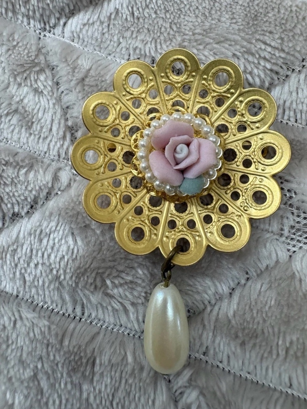 Gold Floral Filigree Brooch with Pink Rose and Pearl Drop